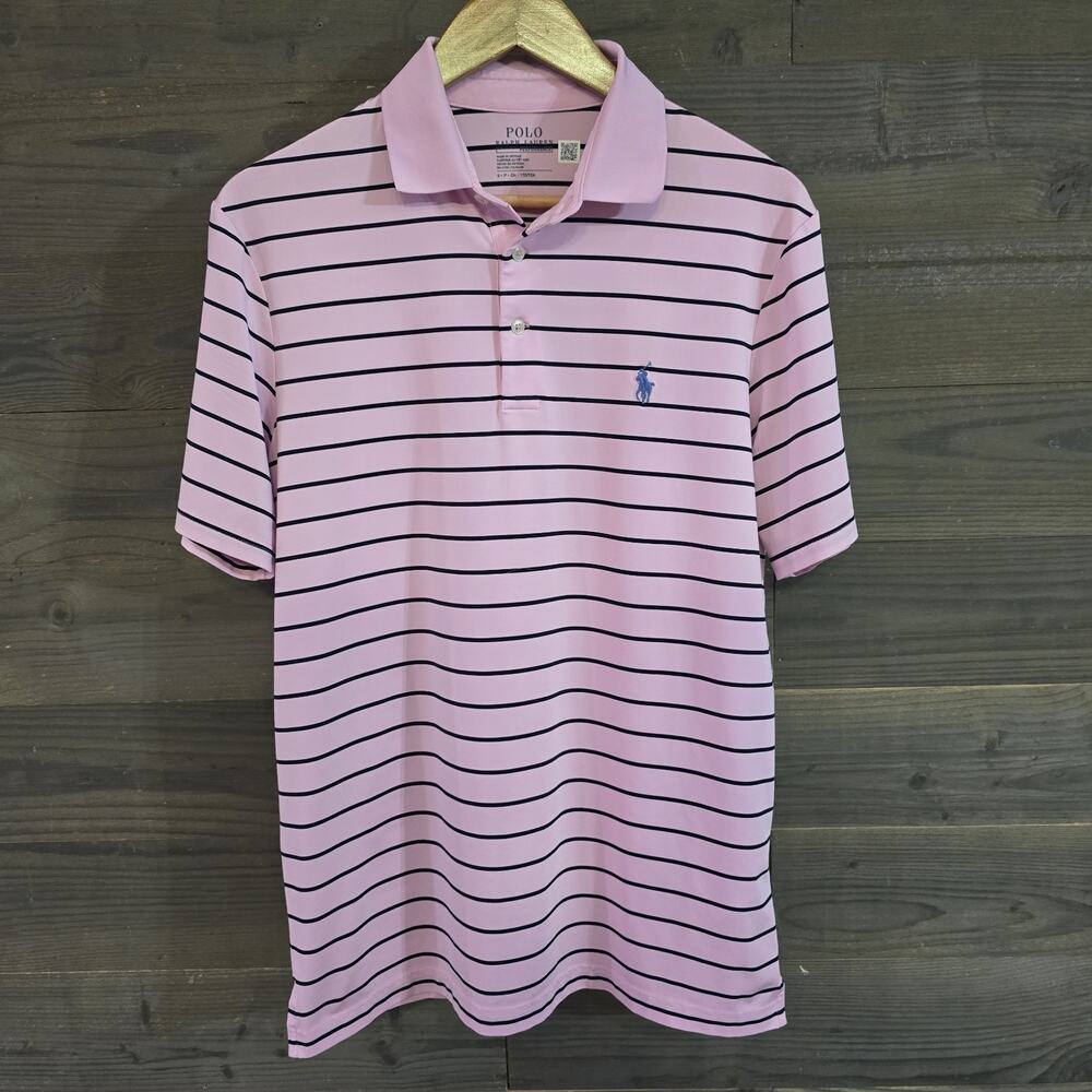 Polo Ralph Lauren Shirt Mens Pink Performance Stretch Pony Striped Sz SMALL